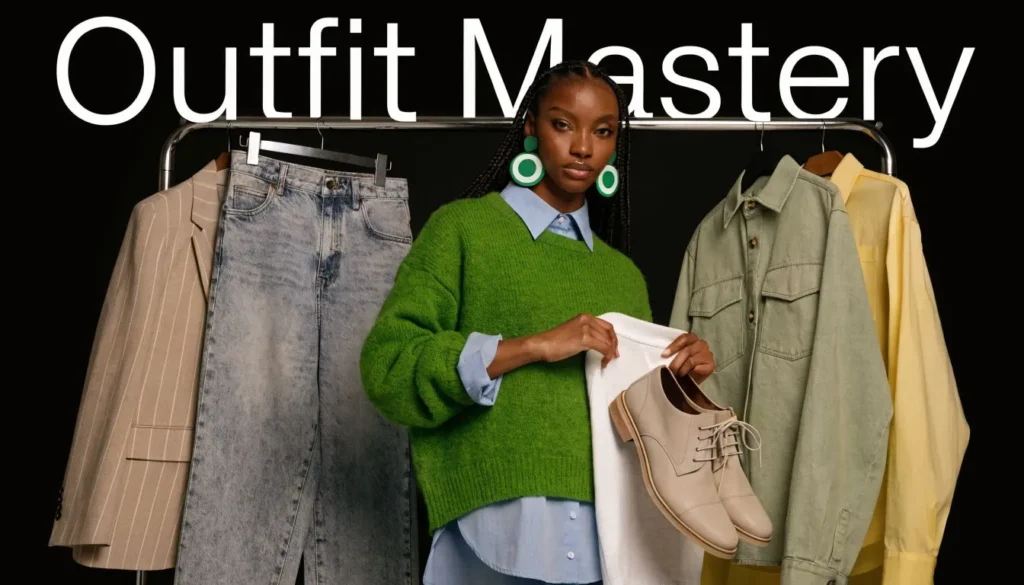 Woman styling outfits beside a clothing rack with jeans, jackets, and shoes under the title Outfit Mastery.