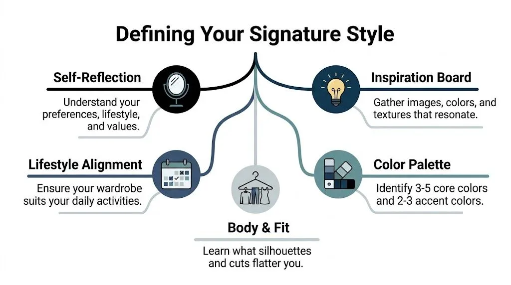 Infographic on defining your signature style with self-reflection, color palette, fit, and inspiration tips.