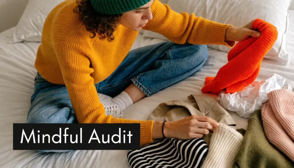 Person sorting clothes on a bed during a wardrobe audit, with text reading Mindful Audit.