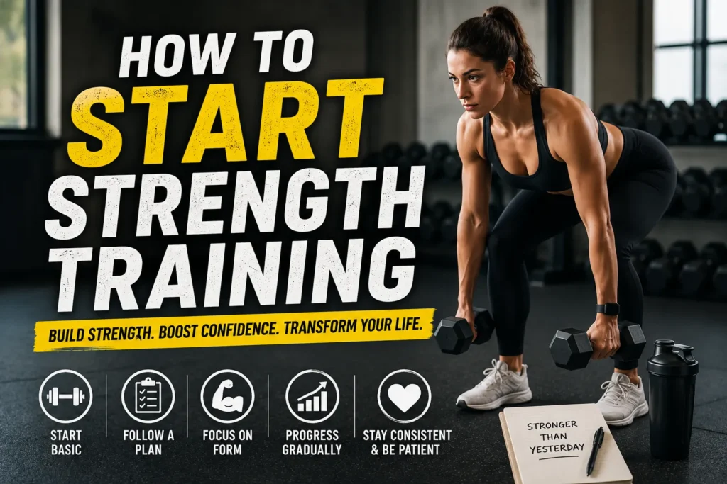 Woman lifting dumbbells in a gym beside “How to Start Strength Training” motivational workout graphic.