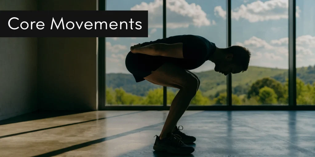 How to Start Strength Training: A Beginner's Guide Silhouette of person performing a squat indoors by large windows, labeled “Core Movements”