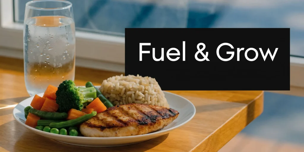 How to Start Strength Training: A Beginner's Guide Grilled chicken with rice, vegetables, and water beside “Fuel & Grow” text on a bright kitchen table.