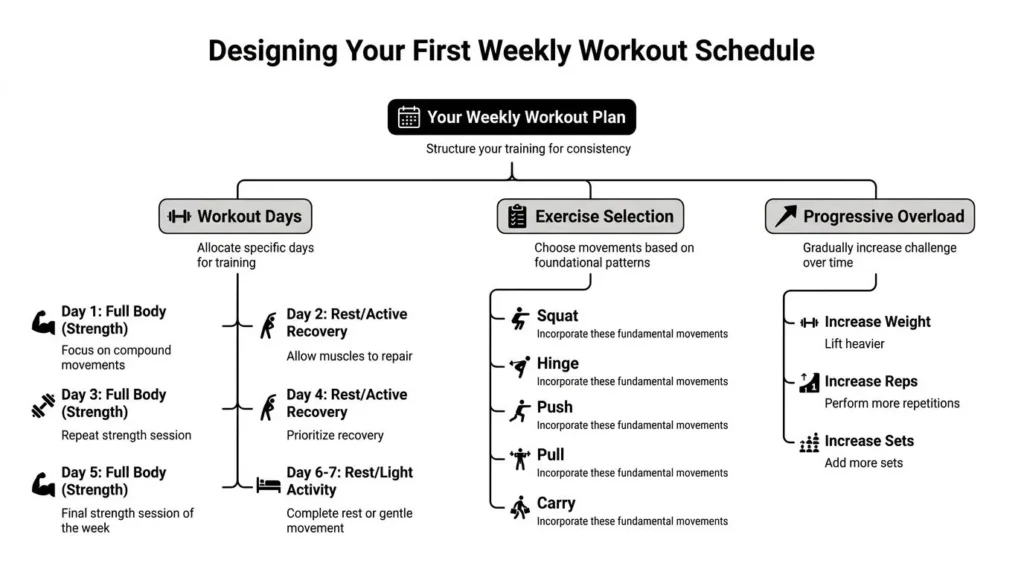 How to Start Strength Training: A Beginner's Guide Infographic of weekly workout plan: full-body days, rest, core movements, and progressive overload steps for beginners