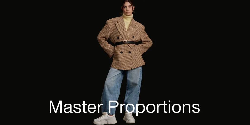 Model wearing belted oversized blazer, jeans, and sneakers against black background with “Master Proportions” text