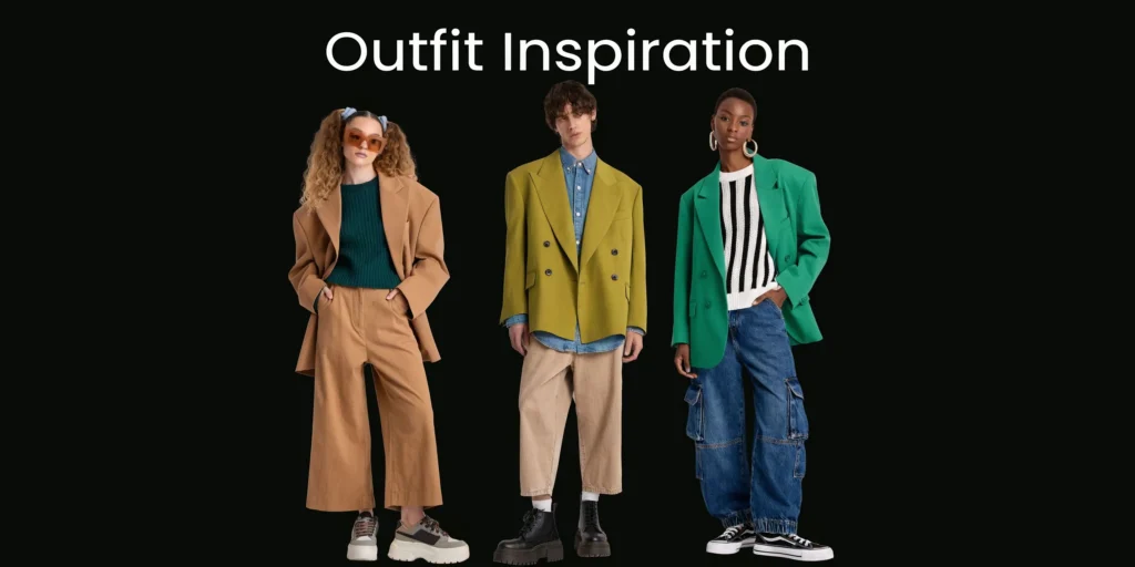 Three models in oversized blazer outfits on black background, showcasing casual fashion inspiration looks
