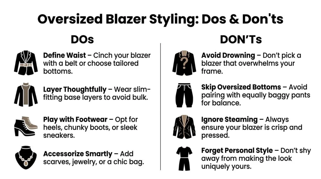 Infographic of oversized blazer styling dos and don’ts, with tips on fit, layering, footwear, and avoiding bulky combinations