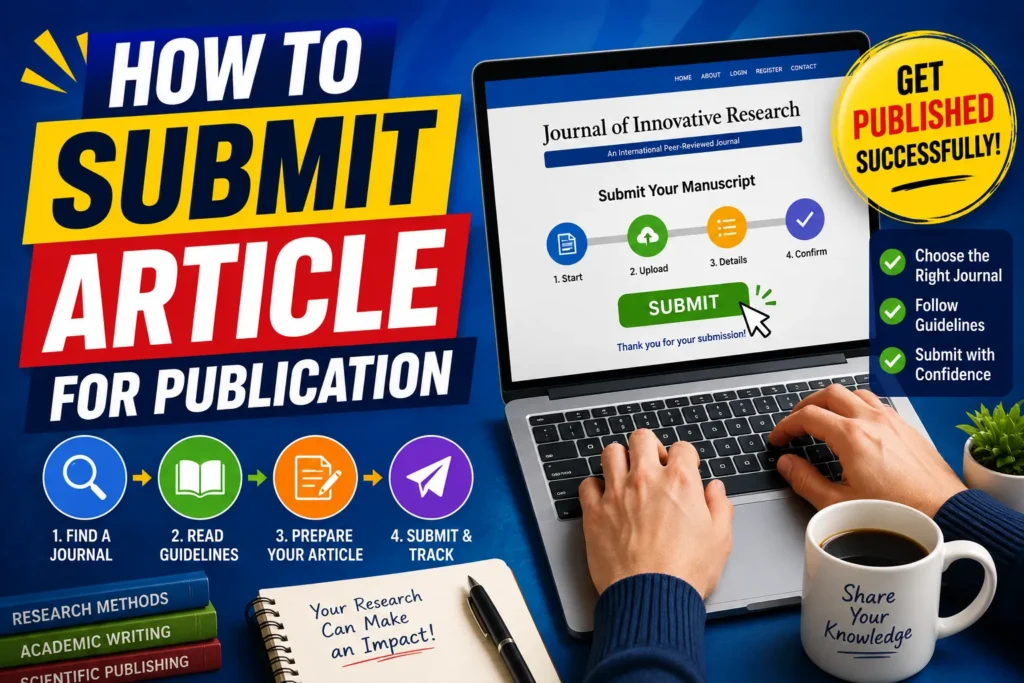 Colorful thumbnail showing article submission steps on laptop screen with bold publishing guide text and icons.