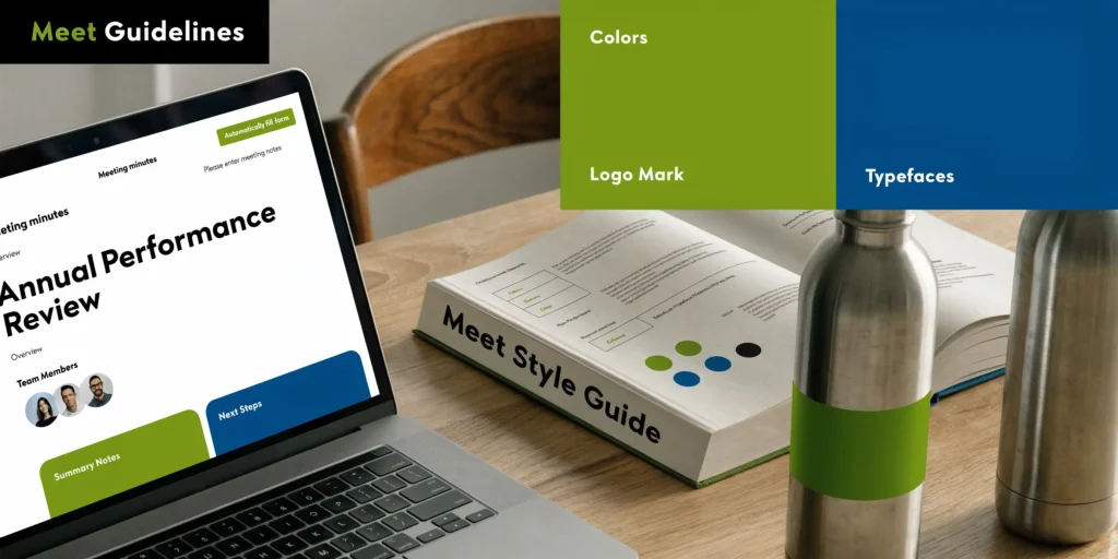 Laptop and brand style guide displaying publication design guidelines, colors, logos, and typefaces.