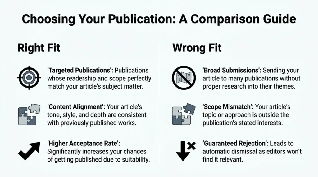 Infographic comparing right and wrong publication choices for article submissions and acceptance success.