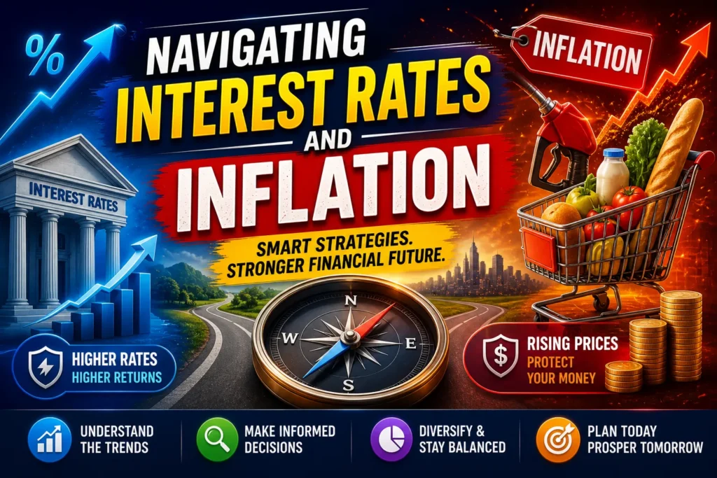 Interest rates and inflation thumbnail with charts, shopping cart, compass, and colorful financial graphics.
