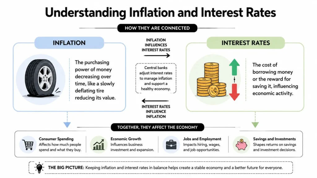 Infographic explaining how inflation and interest rates influence spending, savings, jobs, and economic growth.
