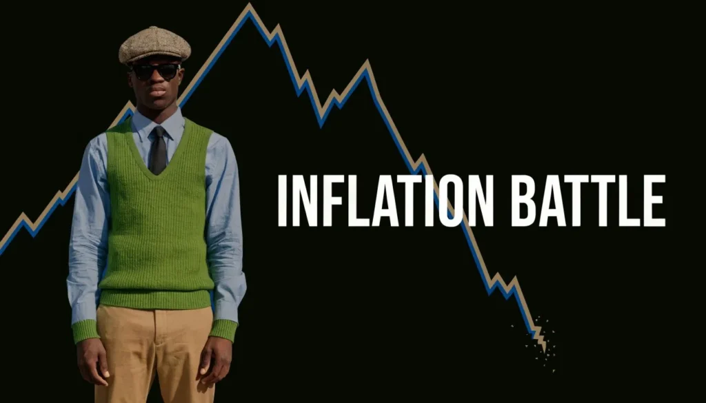 Man standing beside a falling market graph with “Inflation Battle” text, symbolizing economic challenges.