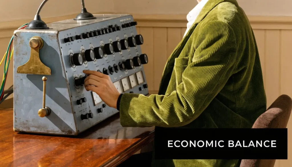 Person adjusting a vintage control panel labeled “Economic Balance” to represent managing economic conditions.