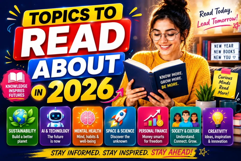 Colorful 2026 reading topics thumbnail with smiling reader, books, AI, science, and personal growth graphics.