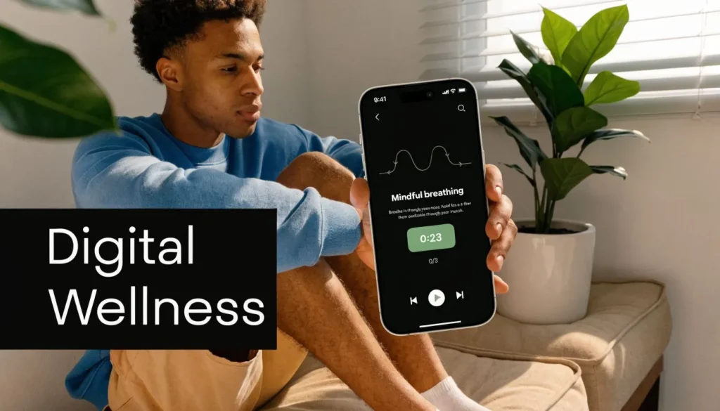Person using a mindfulness breathing app on smartphone indoors, representing digital wellness and relaxation.