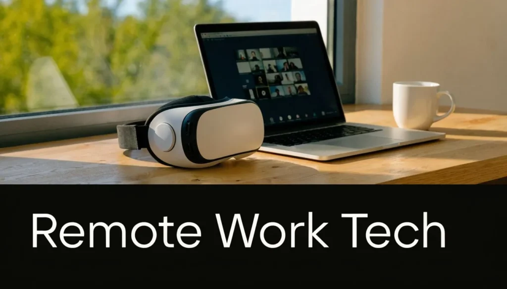 VR headset and laptop on desk during virtual meeting, representing remote work technology.