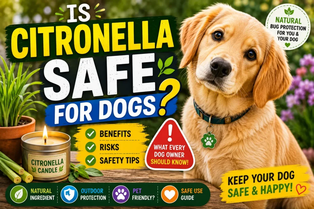 Colorful thumbnail with golden puppy, citronella candle, and bold text asking if citronella is safe for dogs.