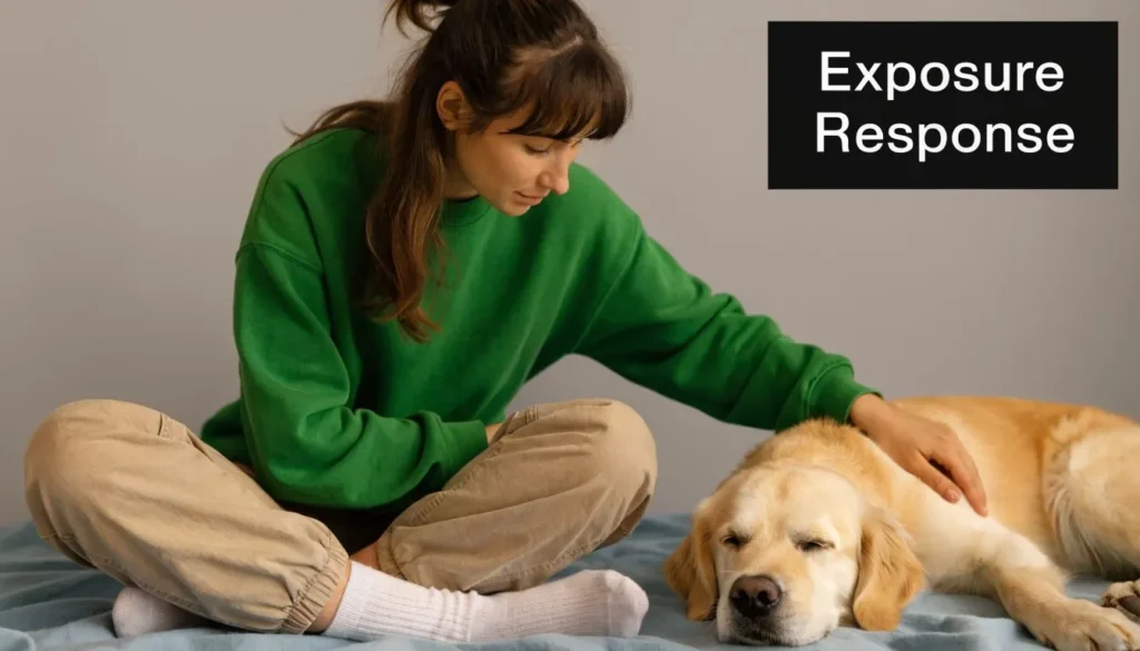 Woman comforting a resting golden retriever with “Exposure Response” text on a light background.