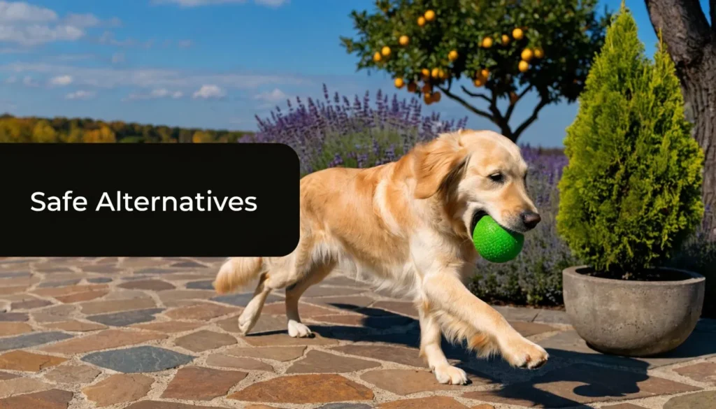 Golden retriever carrying a green ball in a garden with “Safe Alternatives” text on the image.