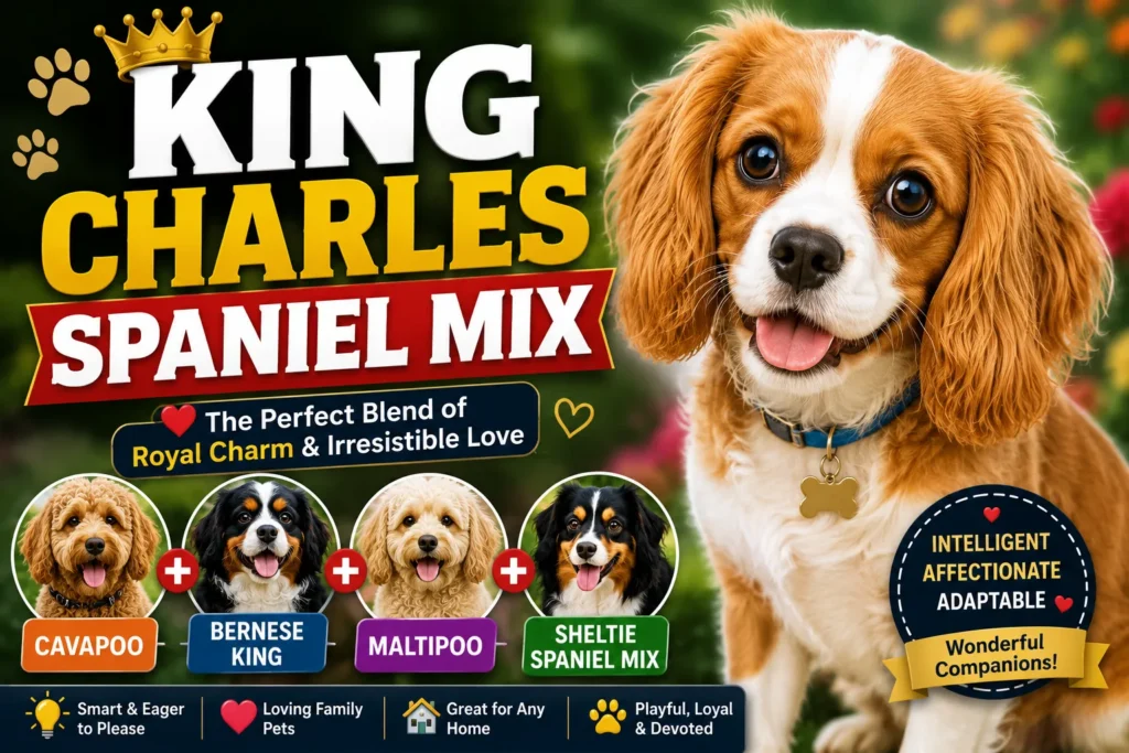 Colorful King Charles Spaniel mix thumbnail with cute puppy portrait, breed mix examples, and playful pet graphics.
