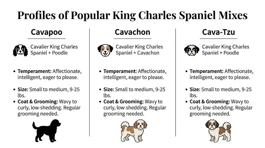 King Charles Spaniel Mix: Your Complete 2026 Guide Infographic comparing Cavapoo, Cavachon, and Cava-Tzu King Charles Spaniel mixes with traits and grooming info.