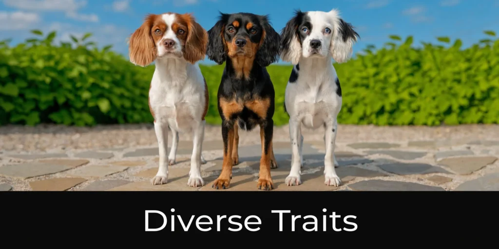 King Charles Spaniel Mix: Your Complete 2026 Guide Three spaniel mix dogs with different coat colors standing outdoors under the title “Diverse Traits”.
