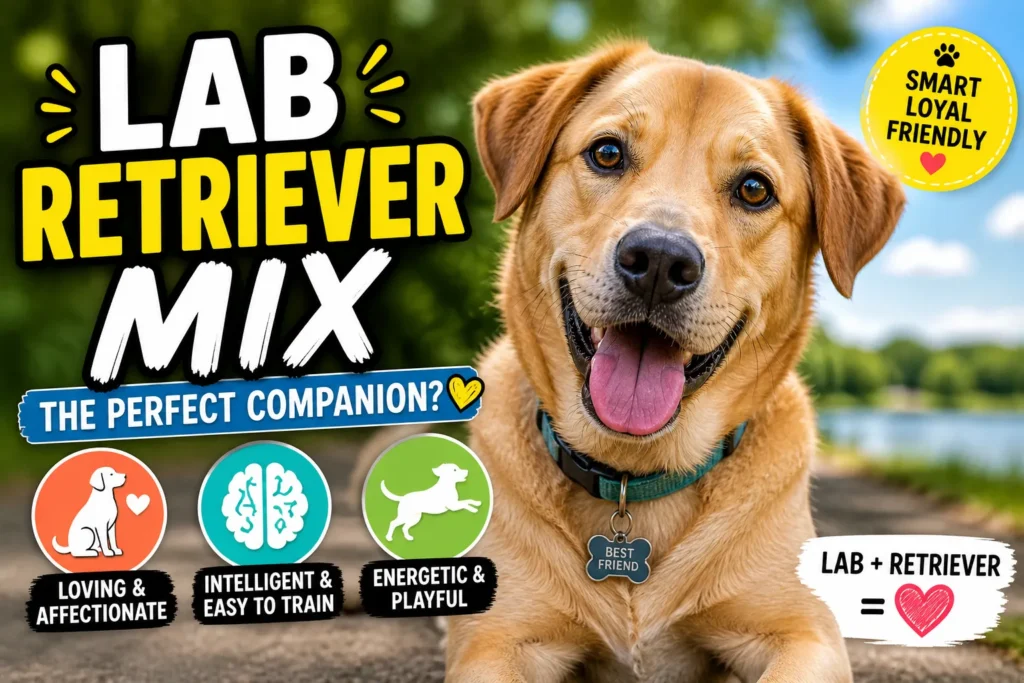Happy Labrador retriever mix in park with bold text “Lab Retriever Mix” and icons for friendly, smart, playful traits
