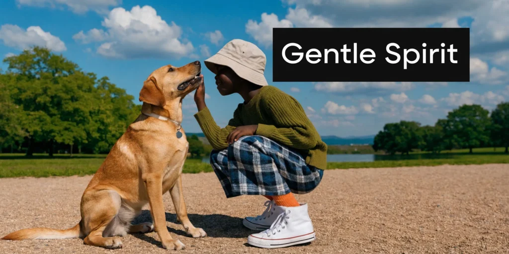 Lab Retriever Mix: The Complete Guide for Owners (2026) Child gently pets Labrador in park under “Gentle Spirit” text, showing calm, friendly dog temperament