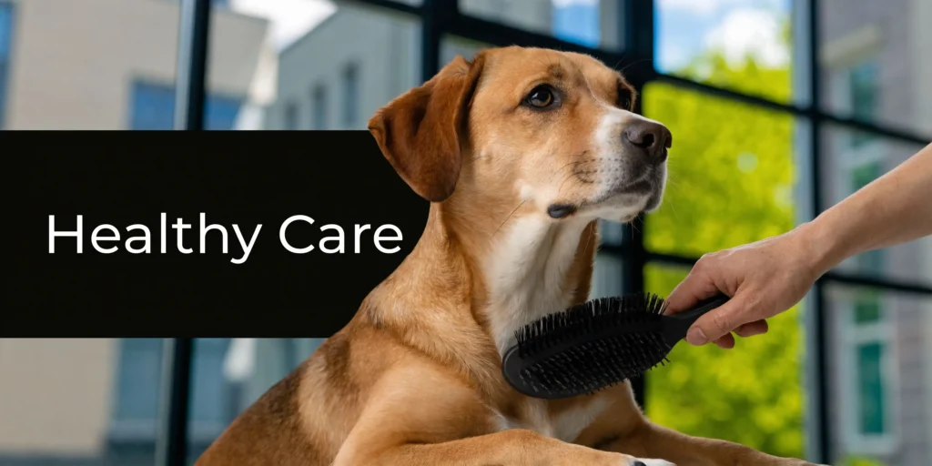 Lab Retriever Mix: The Complete Guide for Owners (2026) Dog being brushed at home with “Healthy Care” text, showing grooming and pet wellness routine