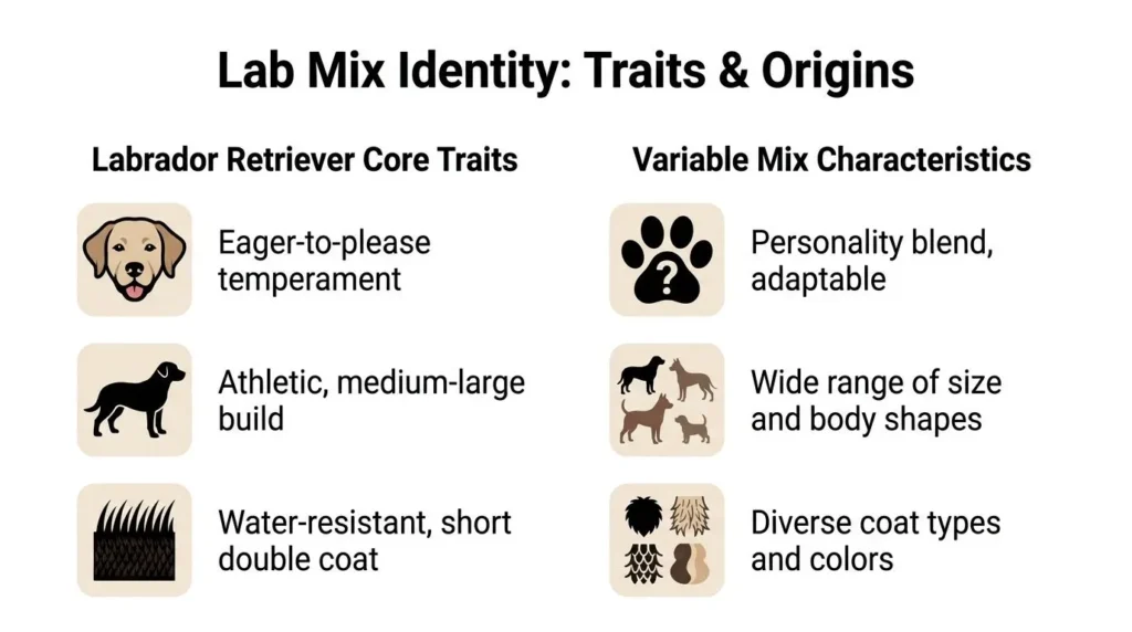 Lab Retriever Mix: The Complete Guide for Owners (2026) Infographic of Lab mix traits: eager-to-please, athletic build, water-resistant coat, with varied size, personality, and coat types