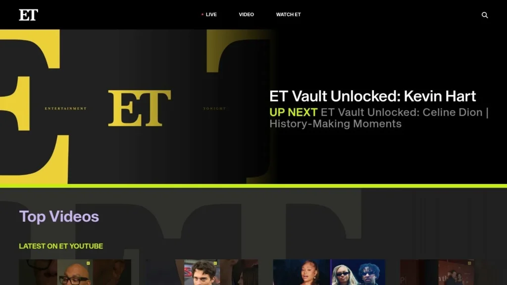 Entertainment Tonight homepage featuring celebrity videos, ET Vault content, and trending entertainment news.