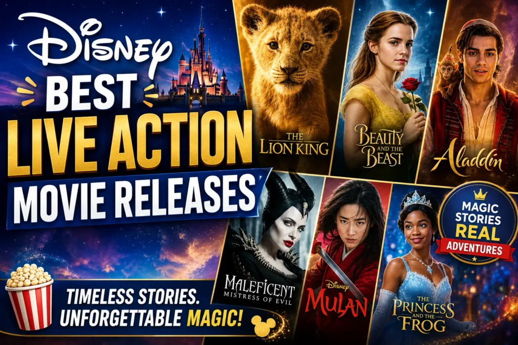Disney live-action movie thumbnail with fantasy characters, castle, movie posters, and magical cinematic graphics.