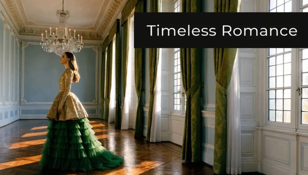 Woman in an elegant gown standing in a grand ballroom beneath chandeliers with “Timeless Romance” text.