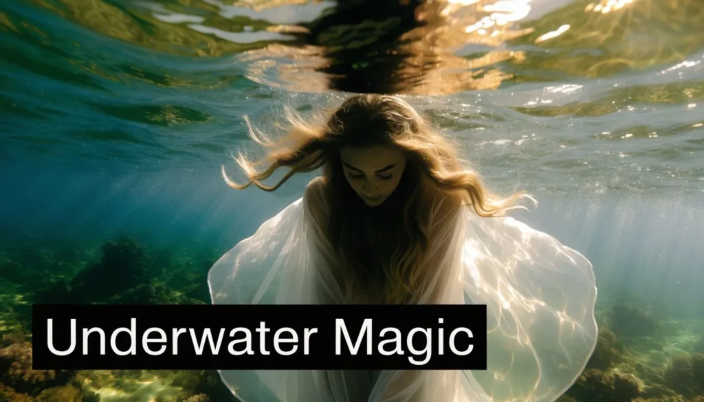 Woman floating underwater in flowing white fabric with sunlight shining through the water above.