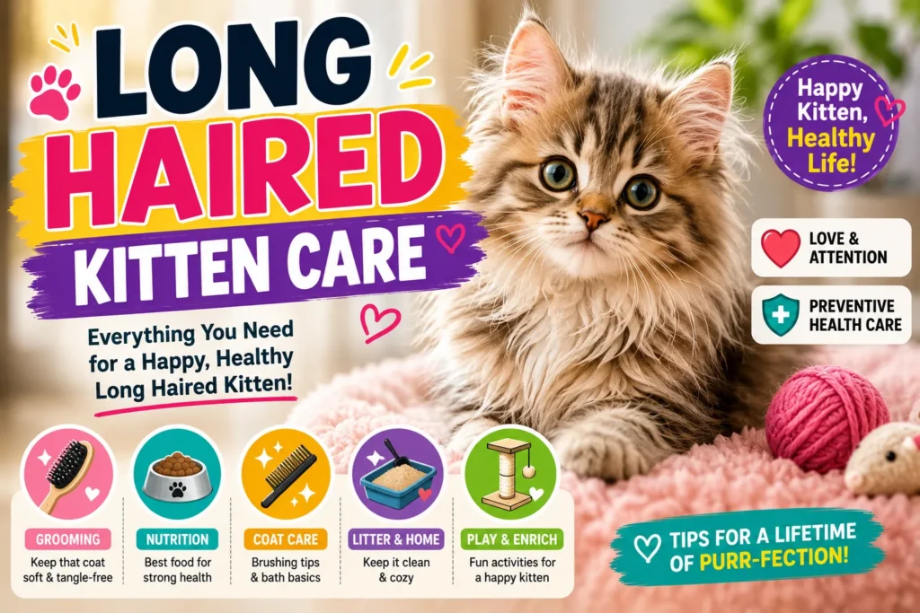 Colorful long-haired kitten care thumbnail with fluffy kitten, grooming icons, and playful pet care tips.