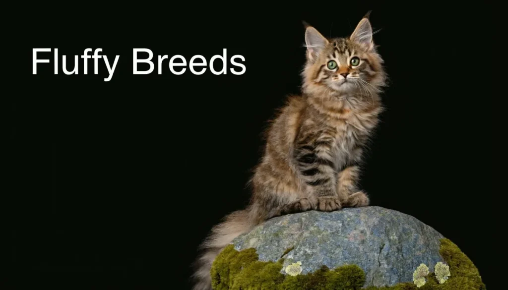 Long Haired Kitten Care: An Essential Guide Fluffy long-haired tabby kitten sitting on a mossy rock with text reading Fluffy Breeds on black background.