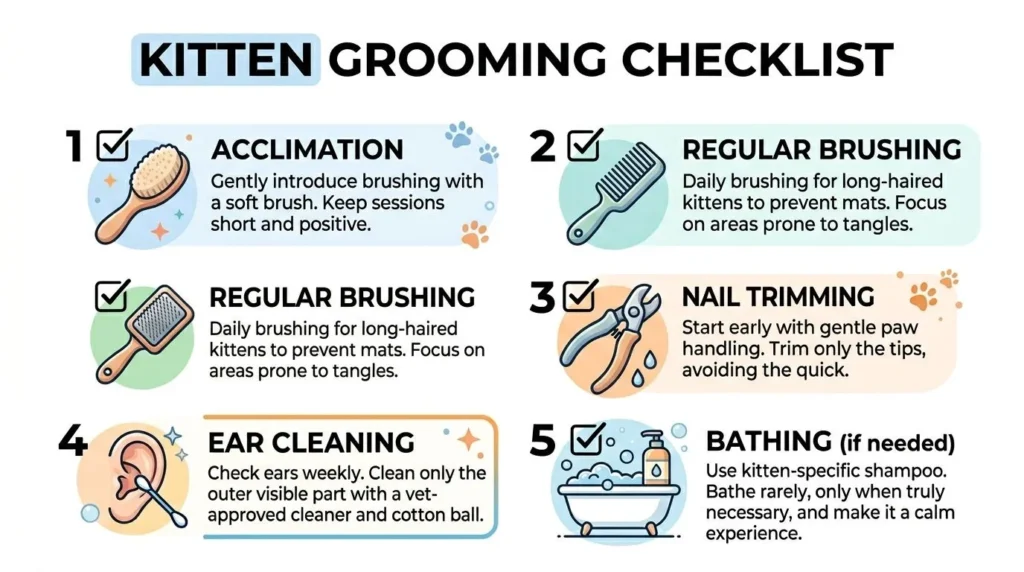 Long Haired Kitten Care: An Essential Guide Infographic showing a kitten grooming checklist with brushing, nail trimming, ear cleaning, and bathing tips.