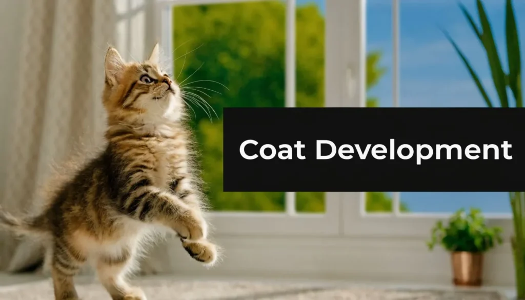 Long Haired Kitten Care: An Essential Guide Fluffy tabby kitten standing on hind legs indoors with text reading Coat Development.