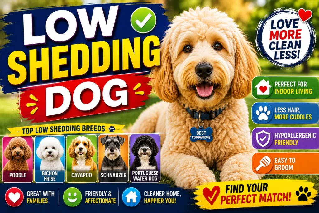 Low shedding dog thumbnail with fluffy puppy, hypoallergenic breed examples, and colorful pet care graphics.