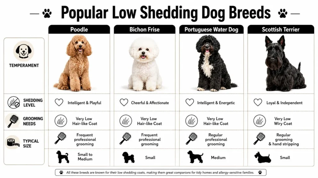 Infographic comparing low-shedding dog breeds including Poodle, Bichon Frise, Water Dog, and Scottish Terrier.