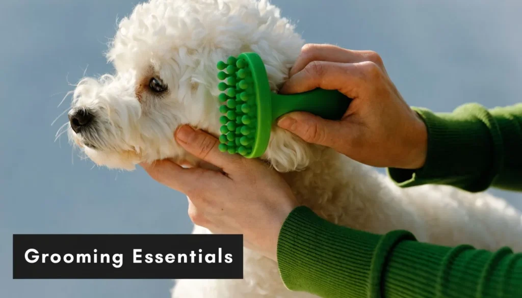 Person brushing a fluffy white dog with a green grooming brush beside the text “Grooming Essentials”.