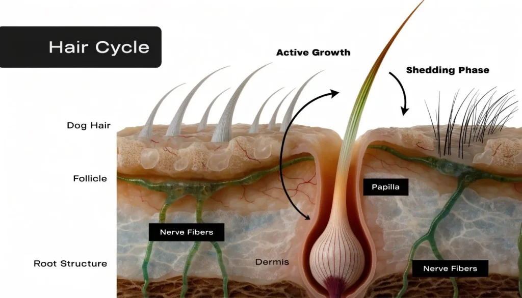 Diagram of the dog hair growth cycle showing follicles, active growth, shedding phase, and root structure.