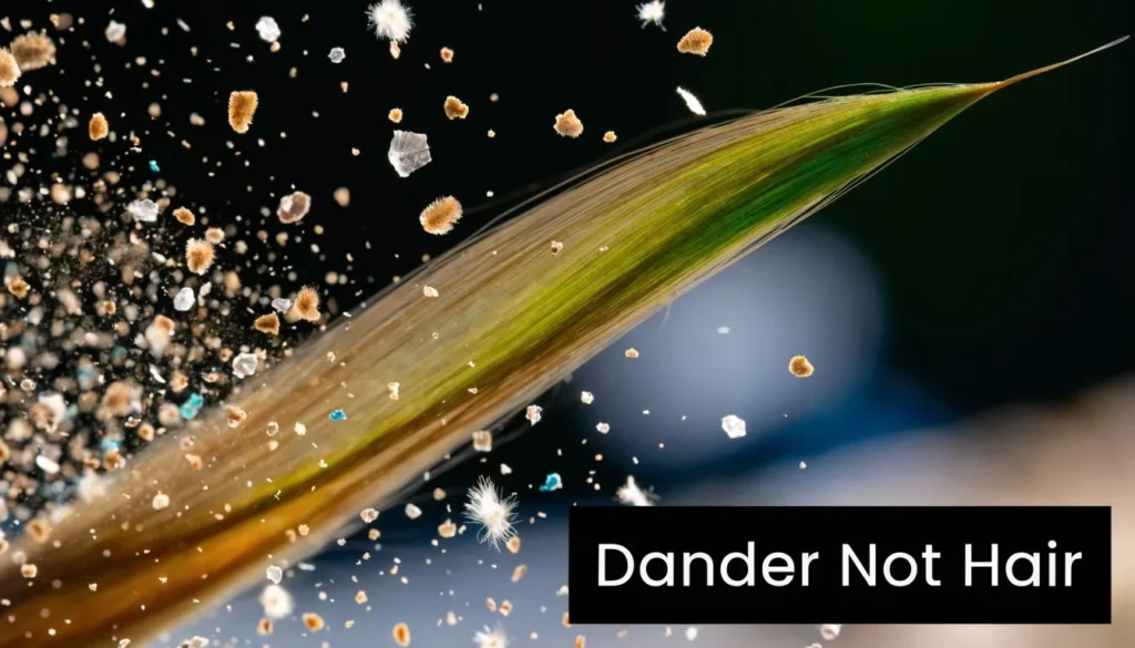 Close-up of pet hair with floating dander particles and the text “Dander Not Hair” on a dark background.