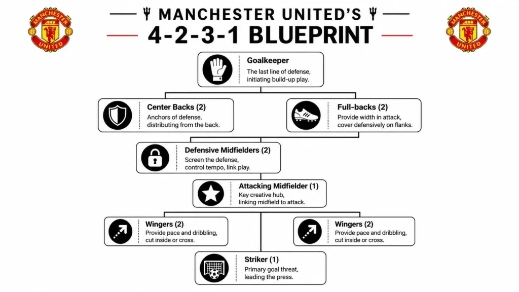 Manchester United Formation: A Tactical Explainer for 2026 Manchester United 4-2-3-1 formation infographic showing player roles from goalkeeper to striker and tactical structure.