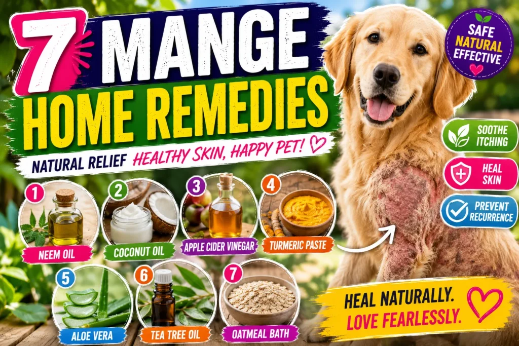 7 Mange Home Remedies: Safe & Effective Options 7 mange home remedies thumbnail with golden retriever, natural treatments, and colorful pet care graphics.