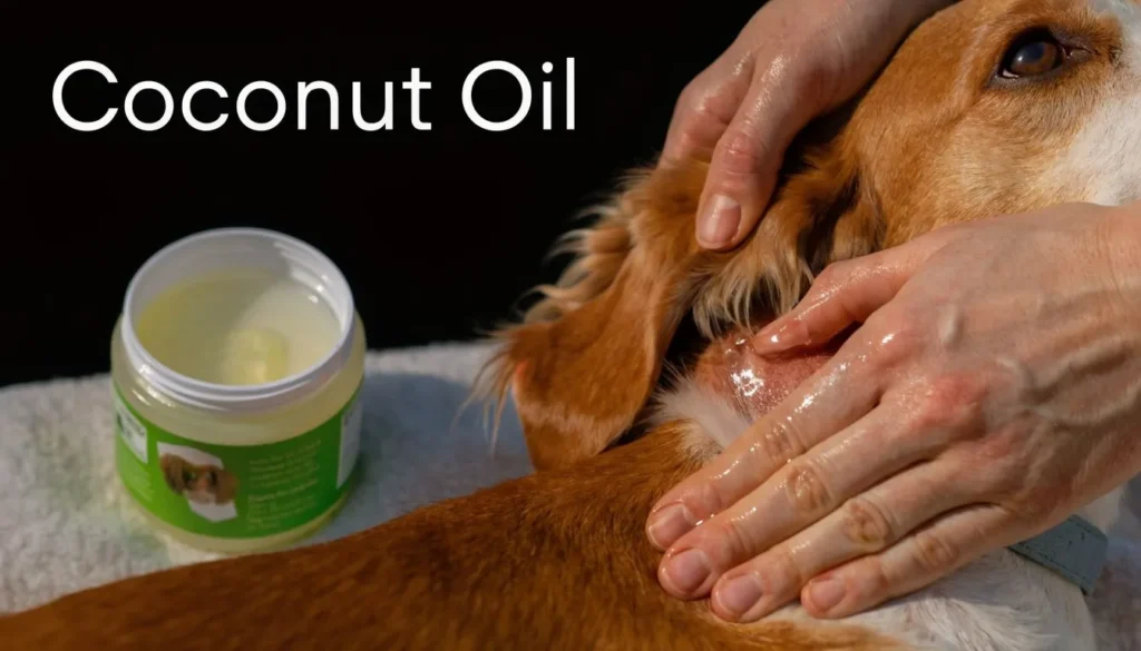 Dog receiving coconut oil treatment on irritated skin as a natural home remedy for coat and skin care.