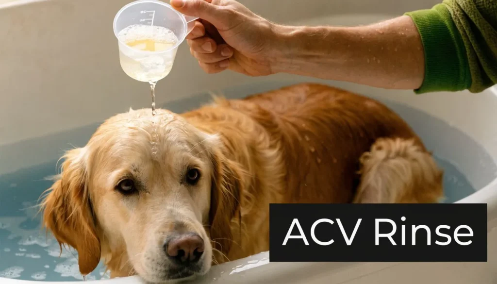 Golden retriever getting an apple cider vinegar rinse during bath treatment for dog skin and coat care.