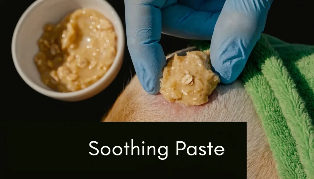 Oatmeal paste being applied to a dog’s irritated skin as a soothing home remedy for itching and dryness.