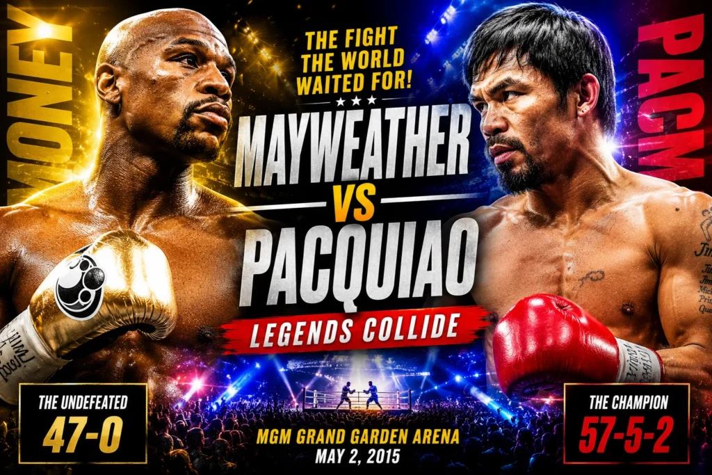 Mayweather Pacquiao Fight: The Full 2026 Legacy Review Mayweather vs Pacquiao boxing thumbnail with intense face-off, arena lights, and dramatic fight night graphics.