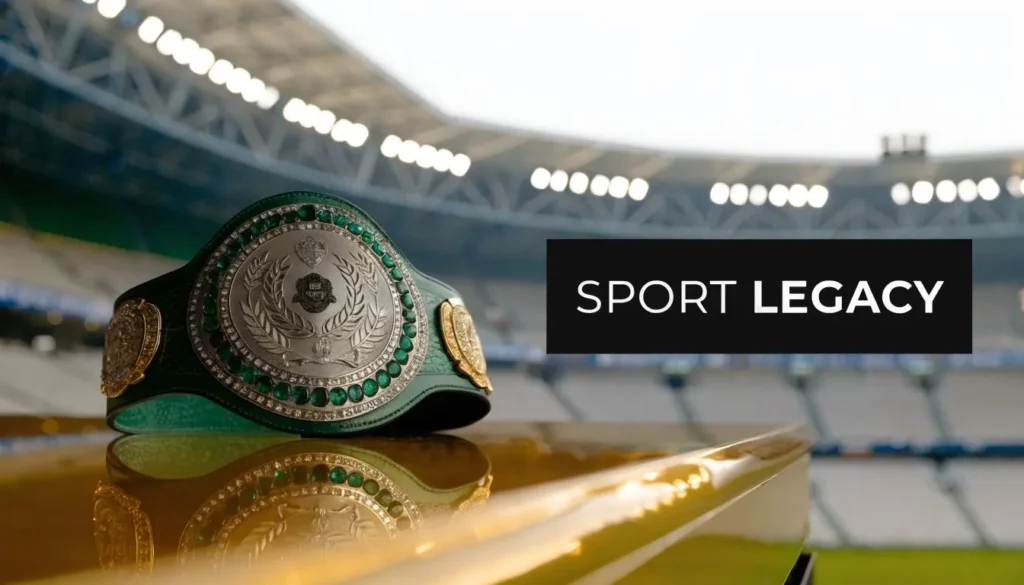 Championship boxing belt displayed in stadium with Sport Legacy headline highlighting historic fight achievement